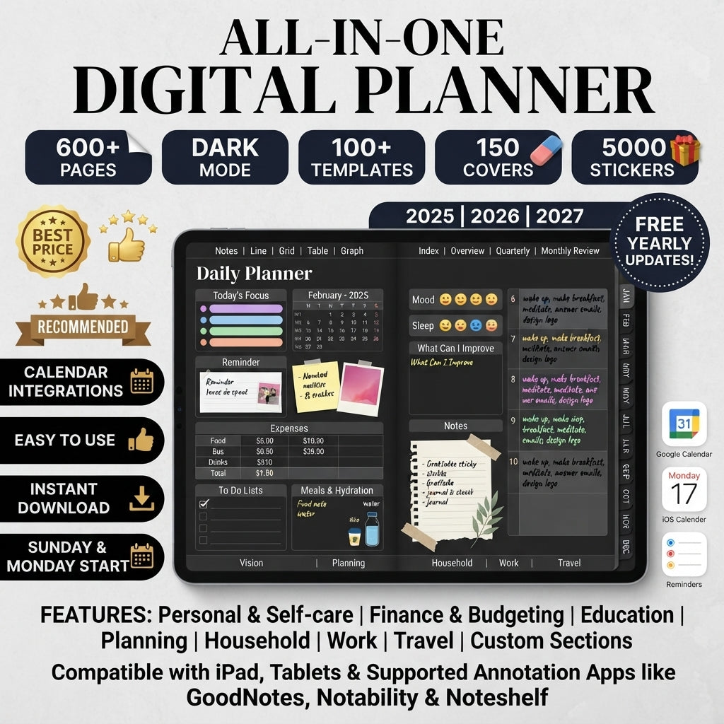 🖤 All-in-One Digital Planner (Dark Mode Edition)